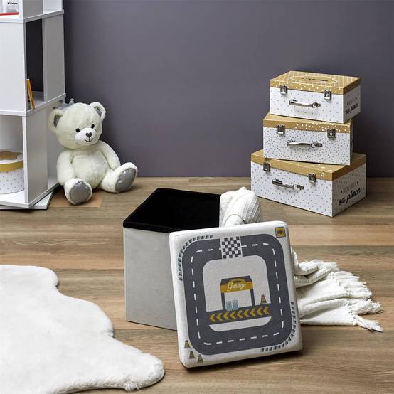 ALTOBUY - Pouf-Coffre Pliable Velours Gris Clair Motif Circuit - CHILD - Image 3