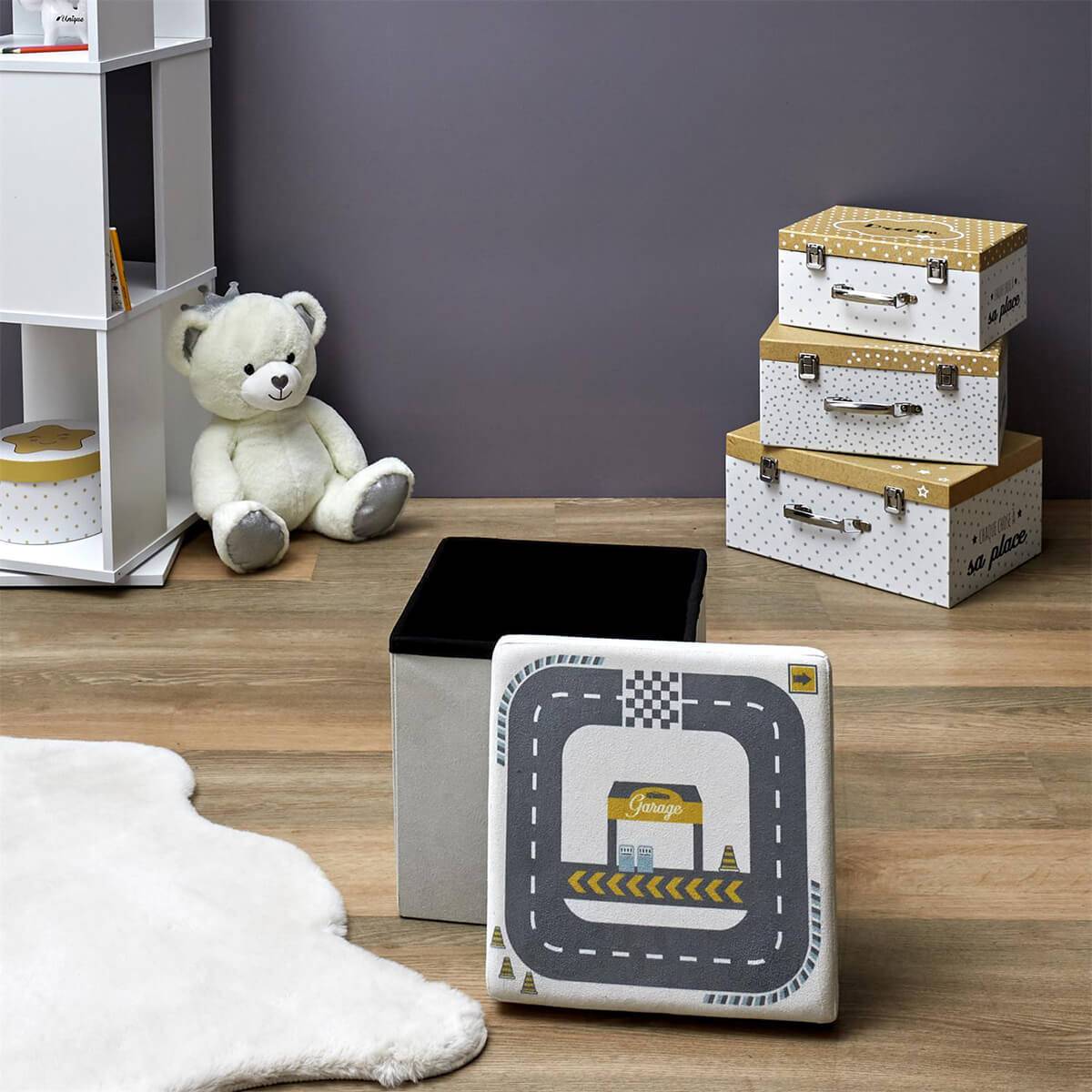 ALTOBUY - Pouf-Coffre Pliable Velours Gris Clair Motif Circuit - CHILD - Image 7