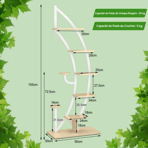 Helloshop26 - Étagère à fleurs en métal à 7 niveaux porte plantes en forme de demi-lune avec dispositif anti-renversement 60 x 30 x 155 cm blanc - Imagen 2