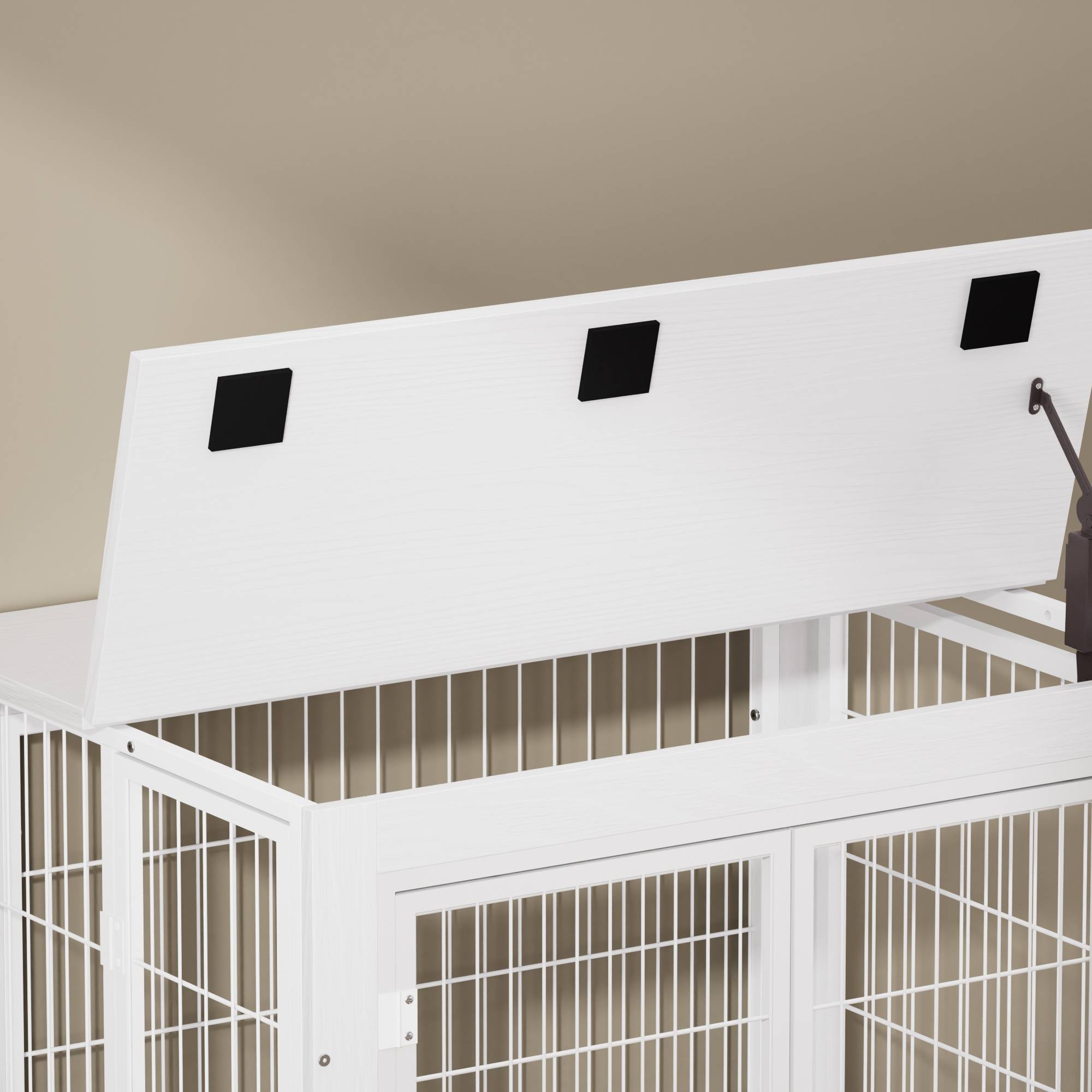 Cage pour chien en bois avec double porte, toit ouvrant, avec roulettes, blanche, 80 x 56 x 69.5 cm - PANGIVO - Image 10