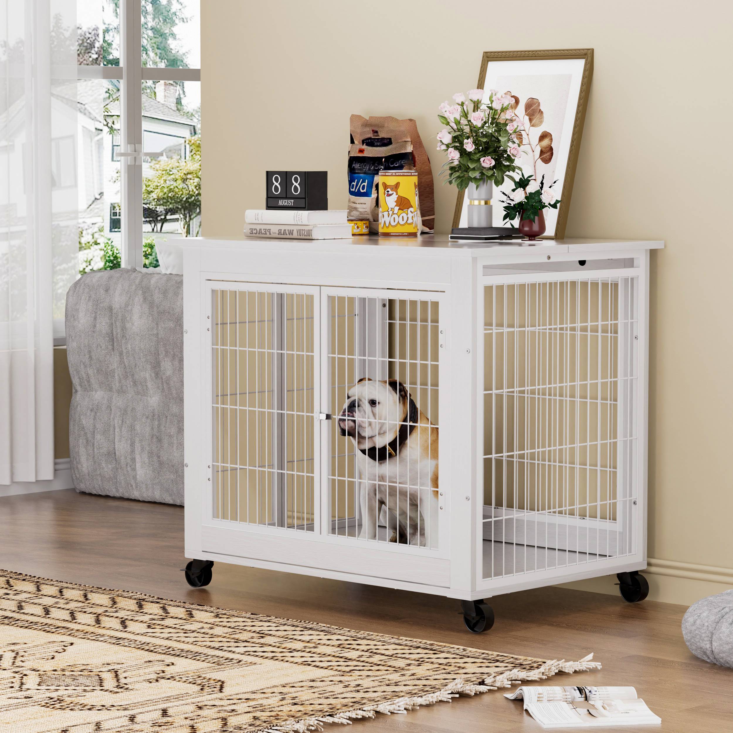 Cage pour chien en bois avec double porte, toit ouvrant, avec roulettes, blanche, 80 x 56 x 69.5 cm - PANGIVO - Image 2