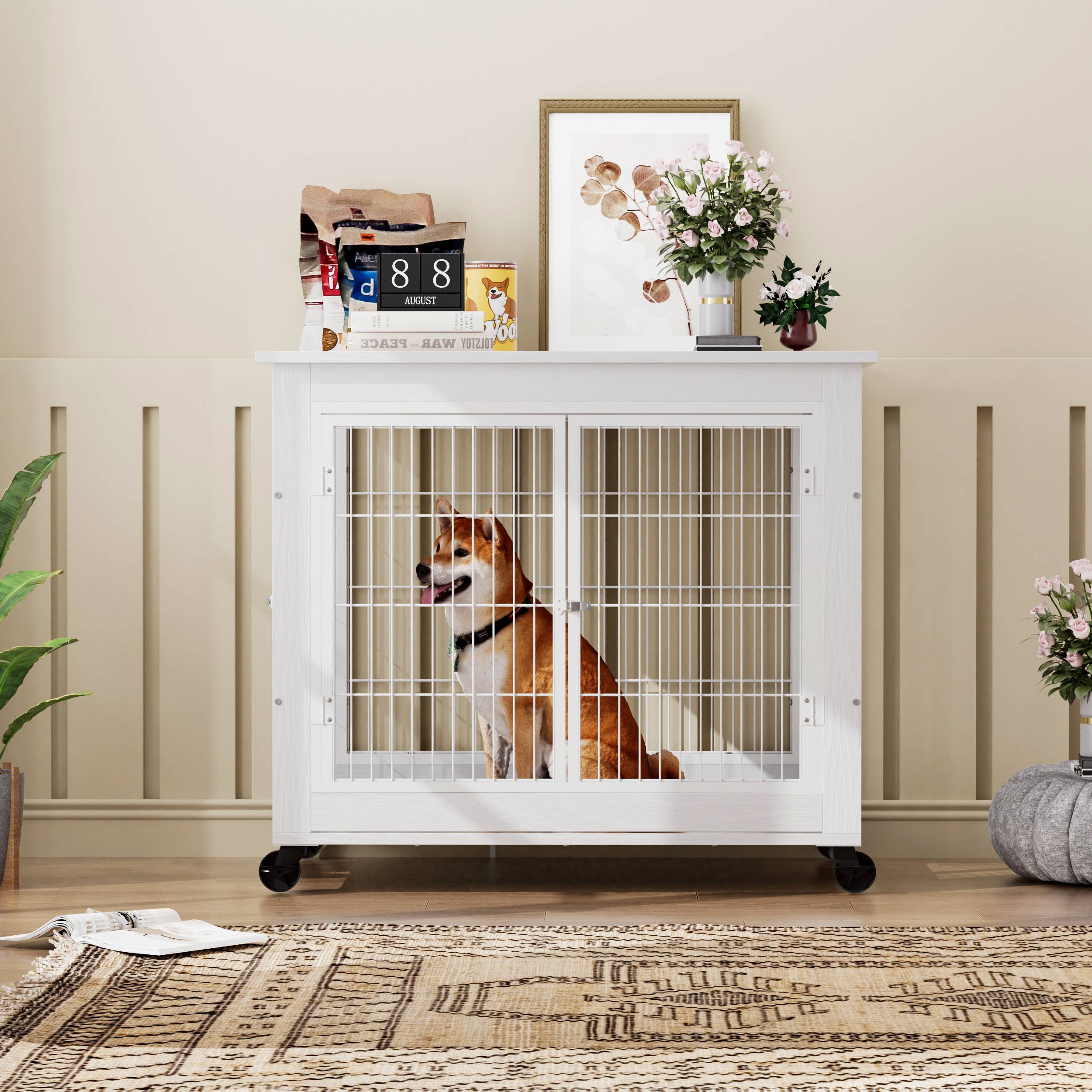 Cage pour chien en bois avec double porte, toit ouvrant, avec roulettes, blanche, 80 x 56 x 69.5 cm - PANGIVO - Image 3