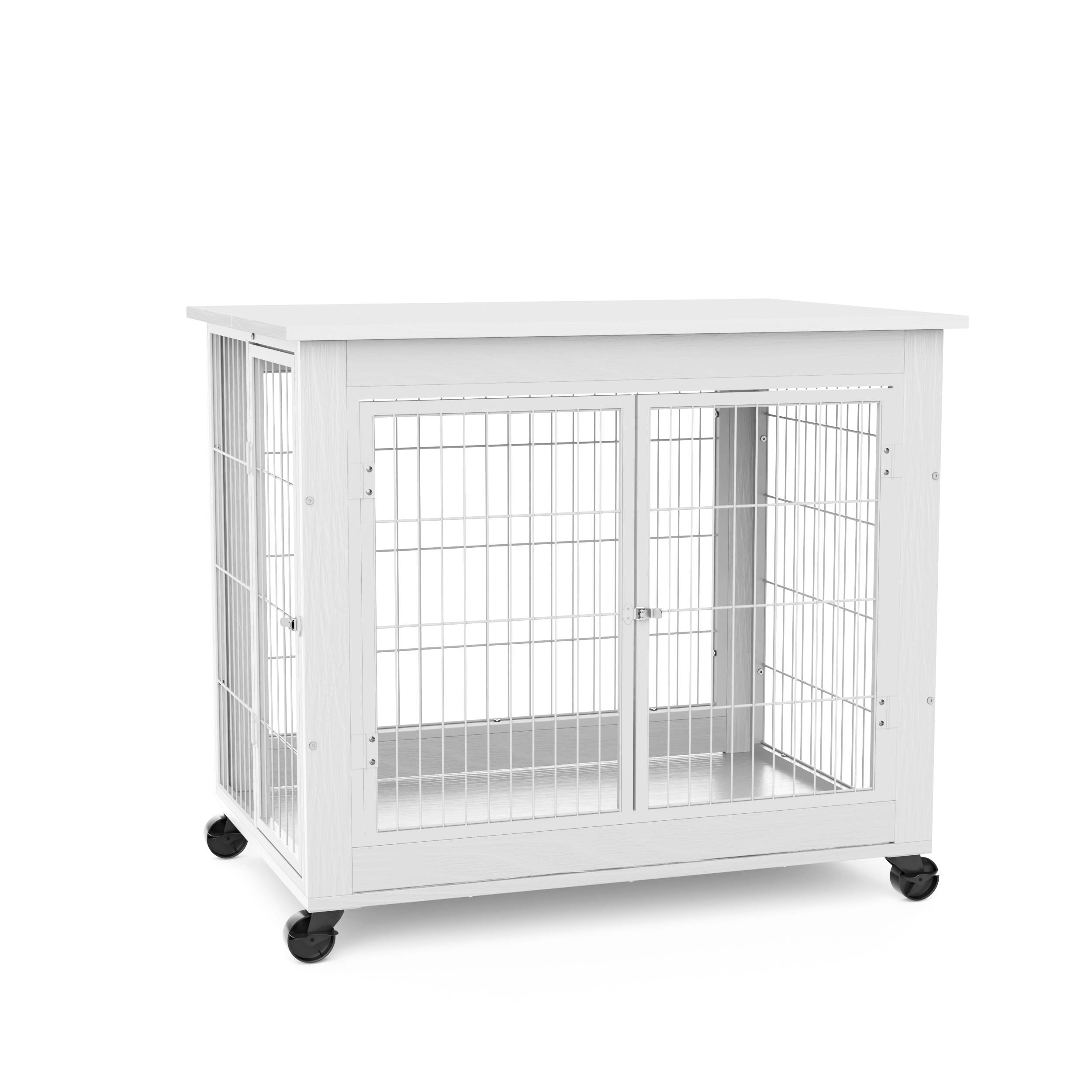Cage pour chien en bois avec double porte, toit ouvrant, avec roulettes, blanche, 80 x 56 x 69.5 cm - PANGIVO - Image 7