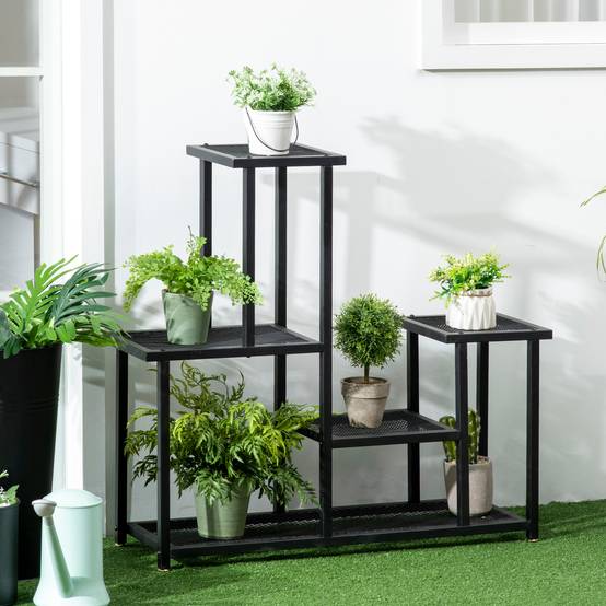 Outsunny Étagère à Plantes 4 Niveaux Métal – Intérieur & Extérieur, Balcon, Jardin, Noir
