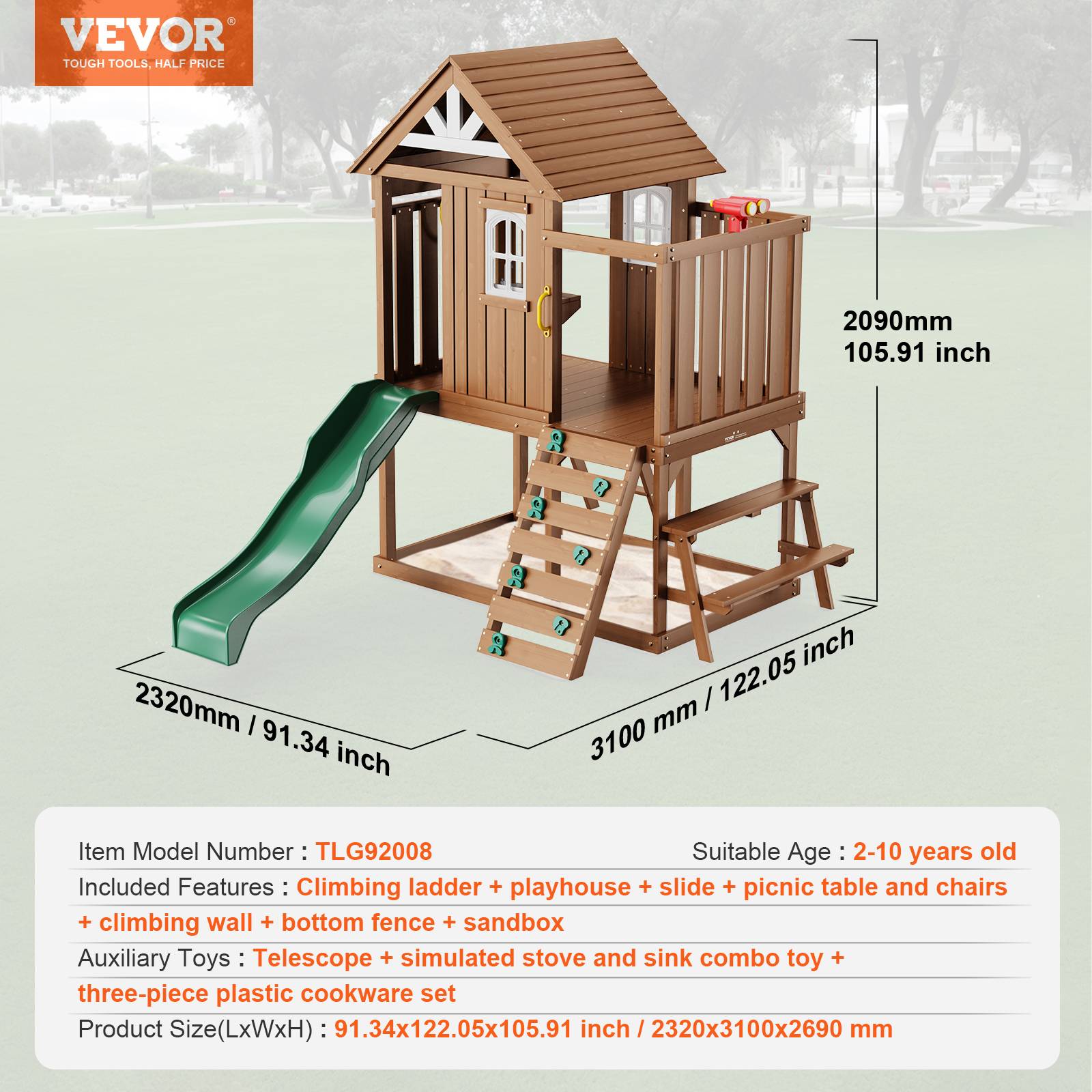 Vevor - VEVOR Maisonnette enfants extérieur en bois de cèdre, maison de jeux avec toboggan, échelle, mur d’escalade, table et fenêtres - Image 6