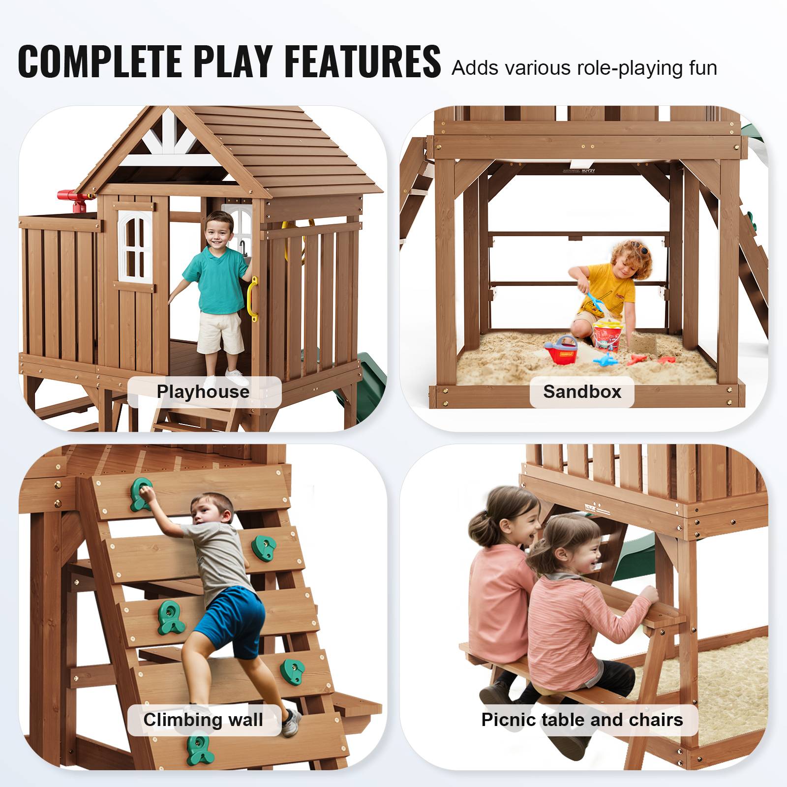 Vevor - VEVOR Maisonnette enfants extérieur en bois de cèdre, maison de jeux avec toboggan, échelle, mur d’escalade, table et fenêtres - Image 3