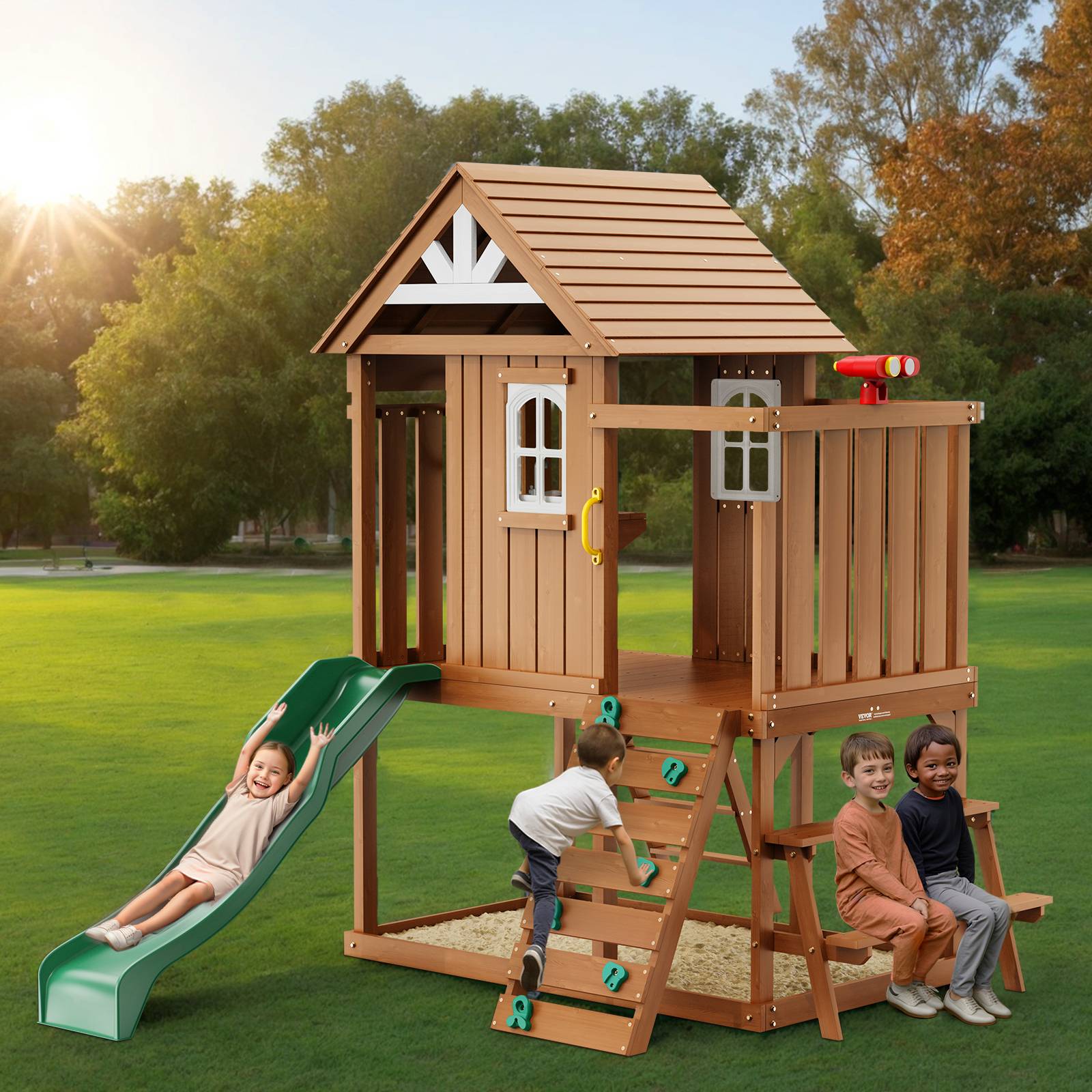 Vevor - VEVOR Maisonnette enfants extérieur en bois de cèdre, maison de jeux avec toboggan, échelle, mur d’escalade, table et fenêtres - Image 8