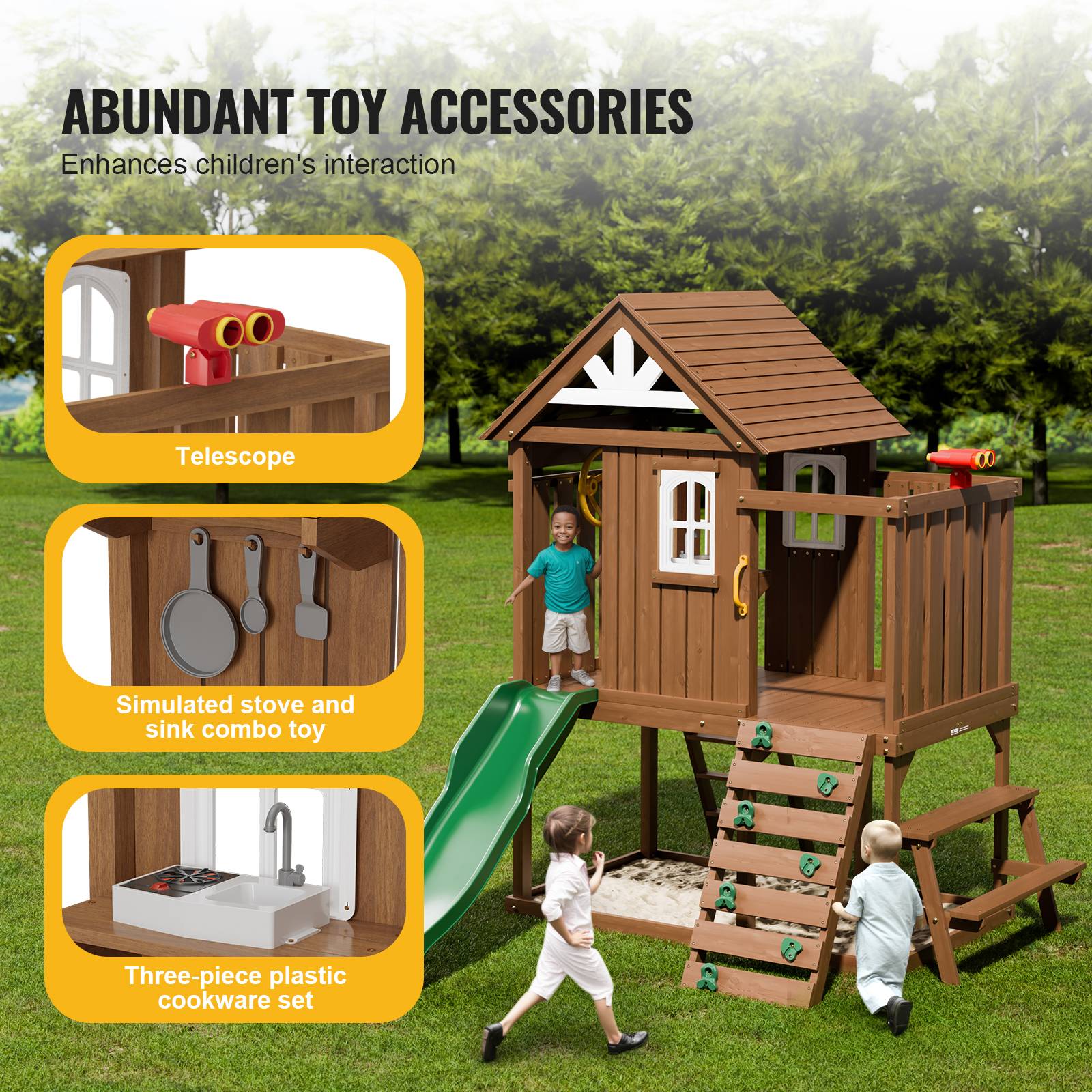 Vevor - VEVOR Maisonnette enfants extérieur en bois de cèdre, maison de jeux avec toboggan, échelle, mur d’escalade, table et fenêtres - Image 4