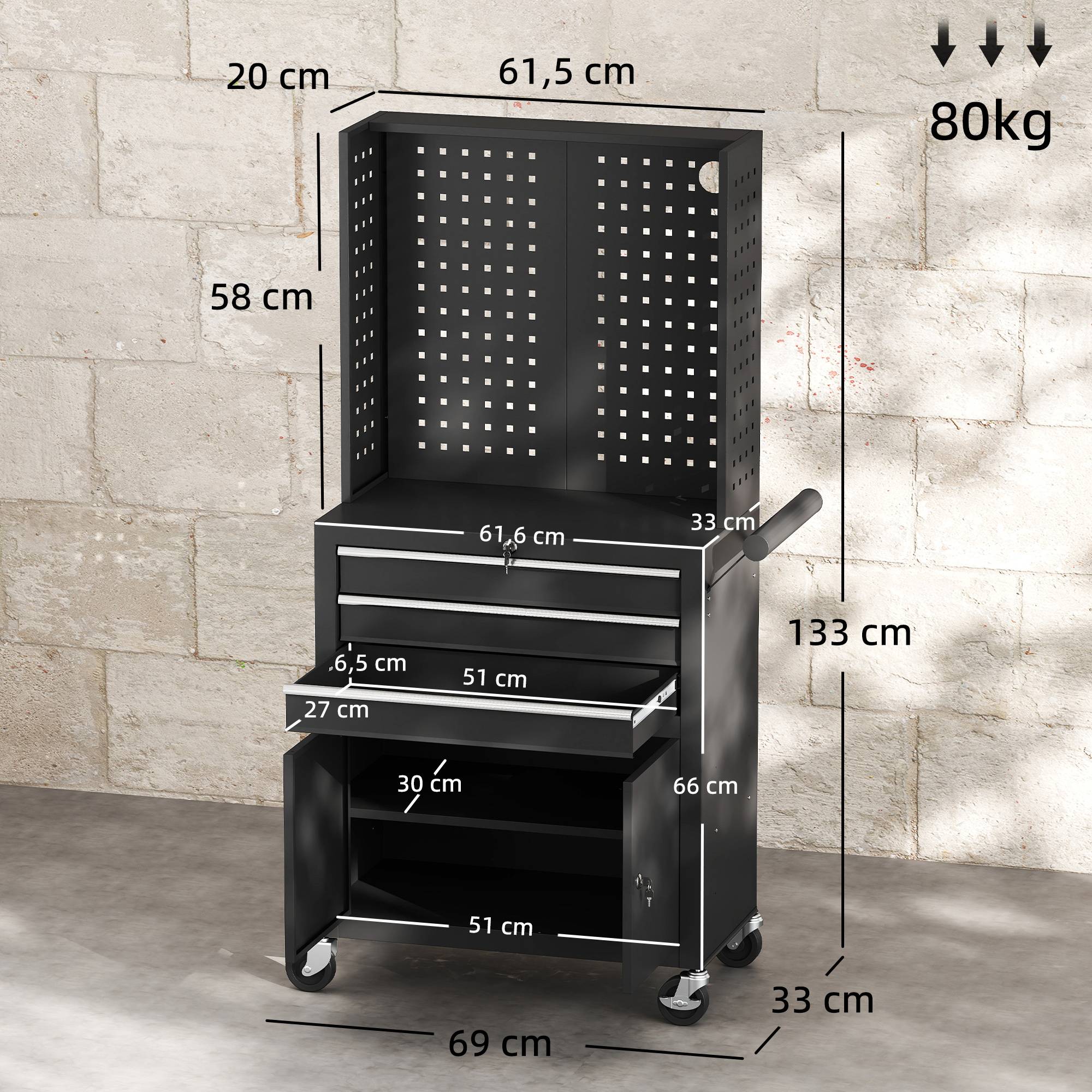 Sans Marque - Armoire caisse sur roues, panneau perforé, 3 tiroirs, garage atelier, noir - Image 5