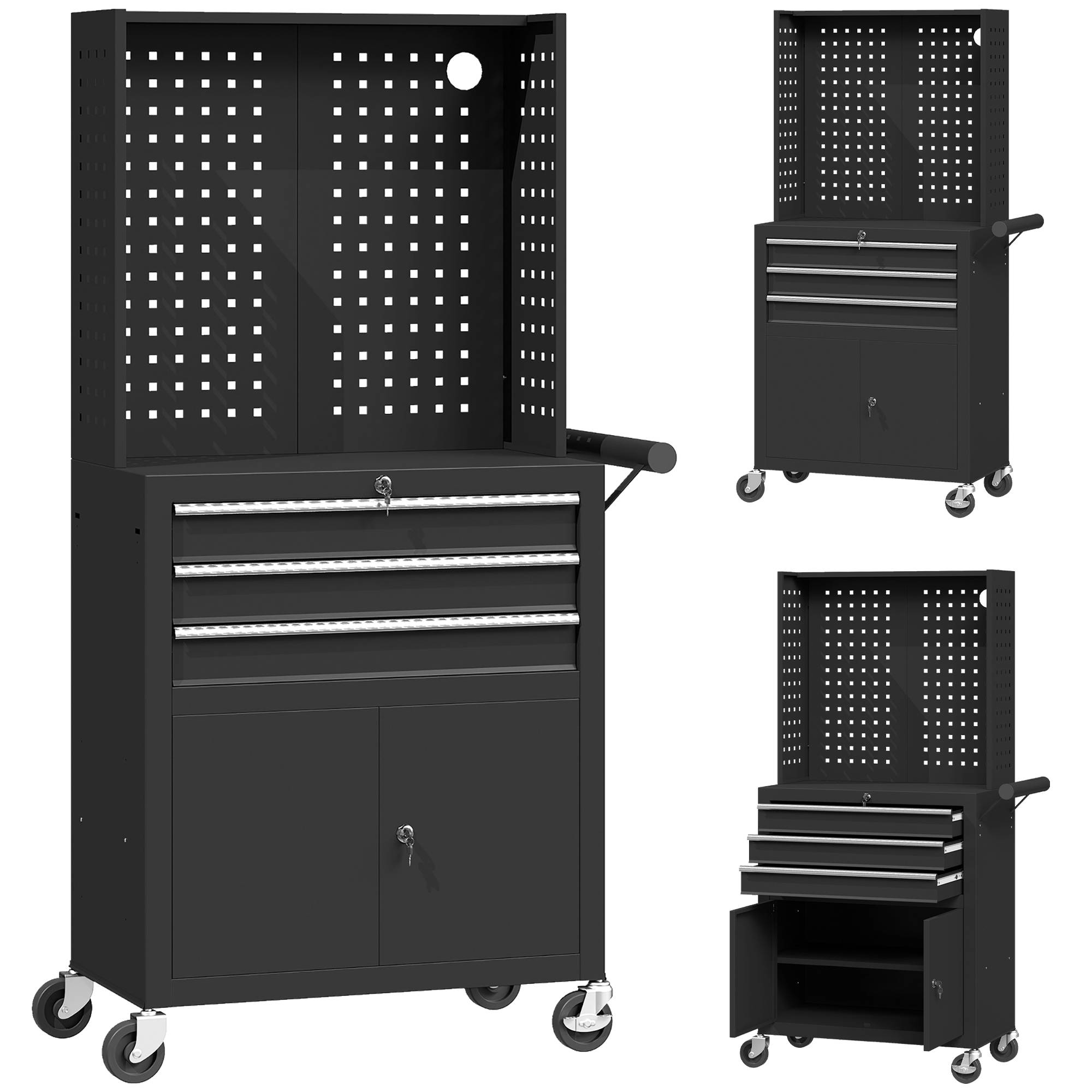 Sans Marque - Armoire caisse sur roues, panneau perforé, 3 tiroirs, garage atelier, noir - Image 2