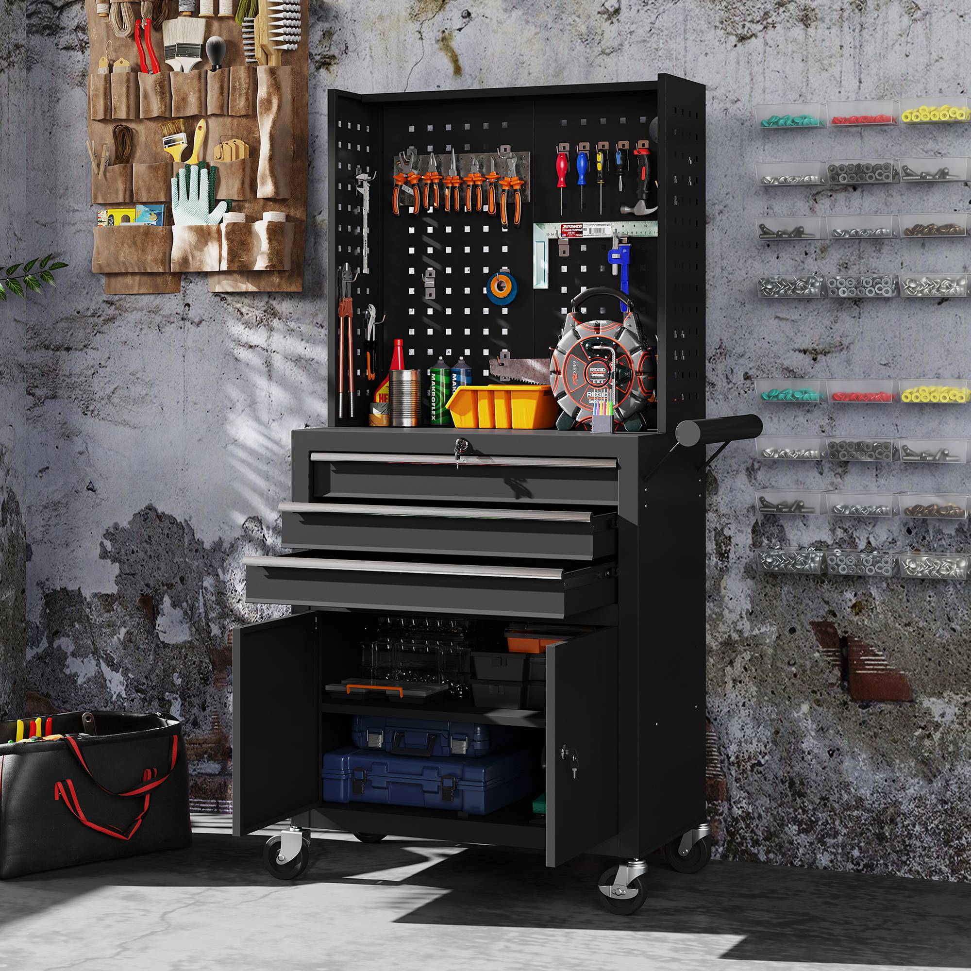 Sans Marque - Armoire caisse sur roues, panneau perforé, 3 tiroirs, garage atelier, noir - Image 3