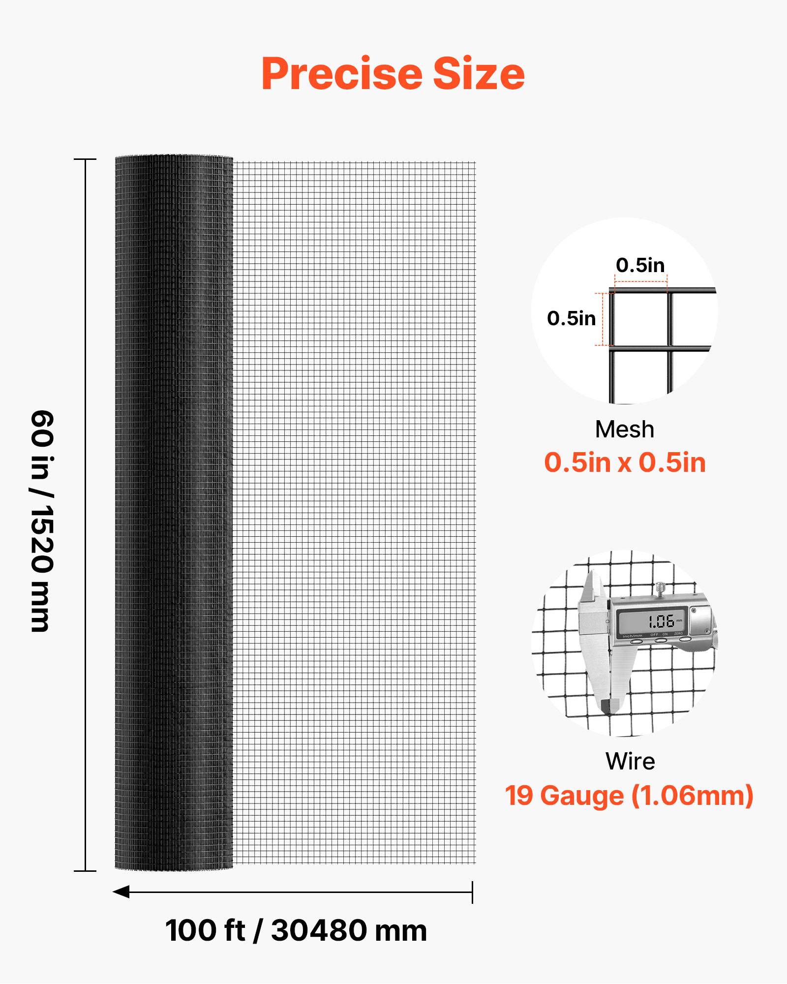 Vevor - VEVOR Grillage métallique noir soudé 1,27 cm x 1,27 cm, 152 x 3048 cm, fil galvanisé revêtu PVC calibre 19, rouleau 60 po x 100 pi. - Image 3