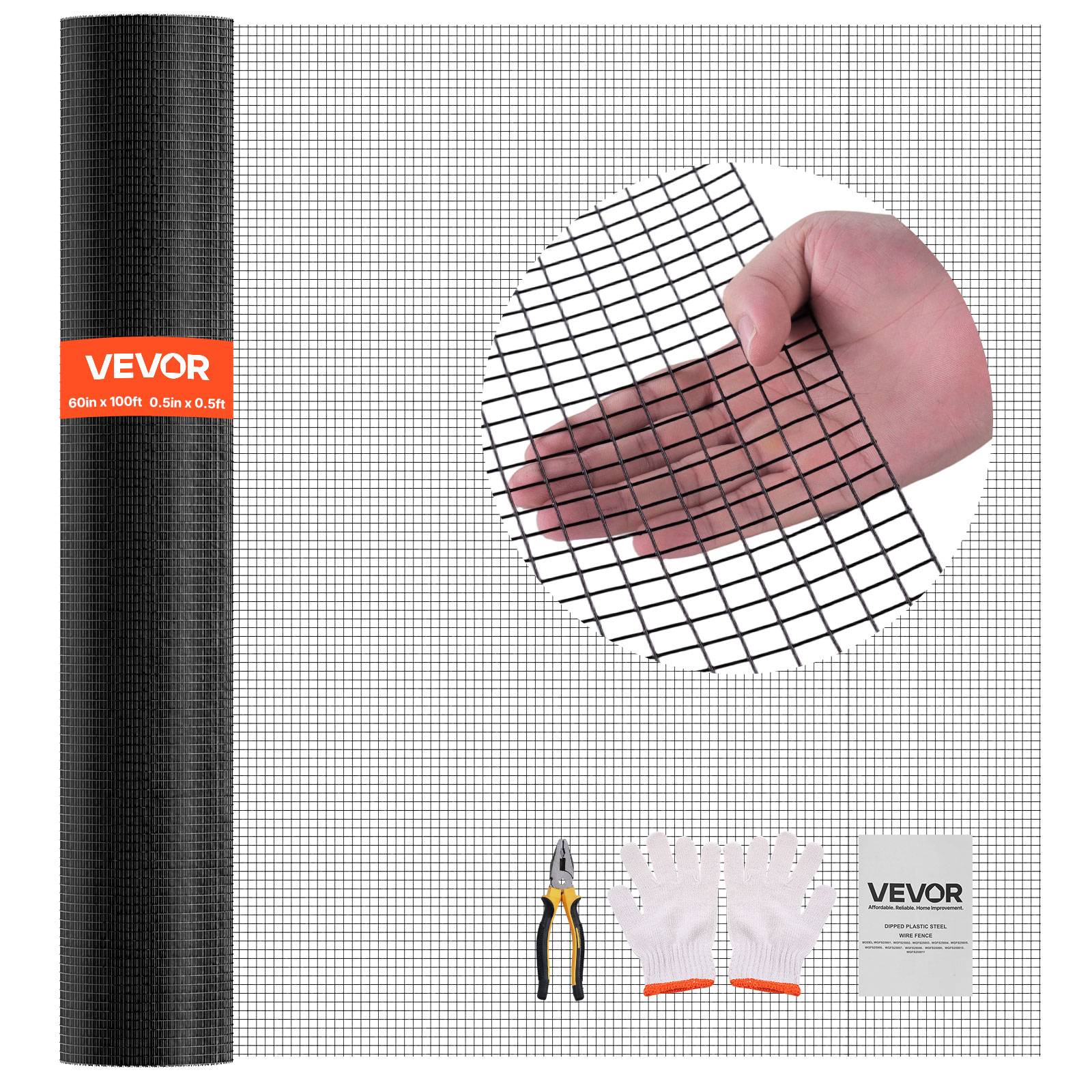 Vevor - VEVOR Grillage métallique noir soudé 1,27 cm x 1,27 cm, 152 x 3048 cm, fil galvanisé revêtu PVC calibre 19, rouleau 60 po x 100 pi. - Image 1