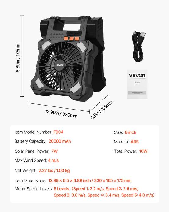 Vevor - VEVOR Ventilateur solaire rechargeable 20000mAh, 20cm. LED, 5 vitesses, minuterie. Pour camping. - Image 7