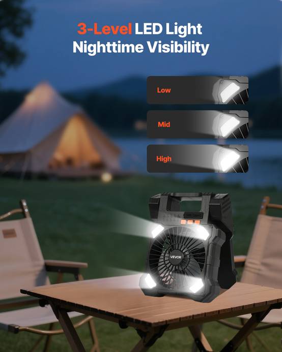 Vevor - VEVOR Ventilateur solaire rechargeable 20000mAh, 20cm. LED, 5 vitesses, minuterie. Pour camping. - Image 5