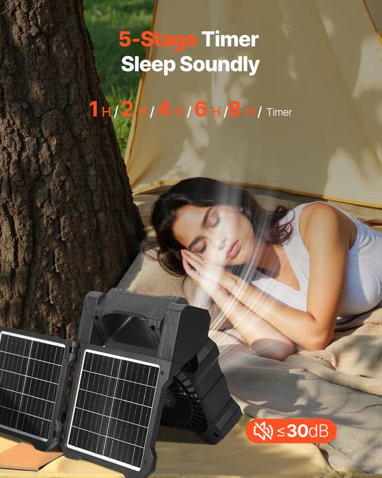 Vevor - VEVOR Ventilateur solaire rechargeable 20000mAh, 20cm. LED, 5 vitesses, minuterie. Pour camping. - Image 4