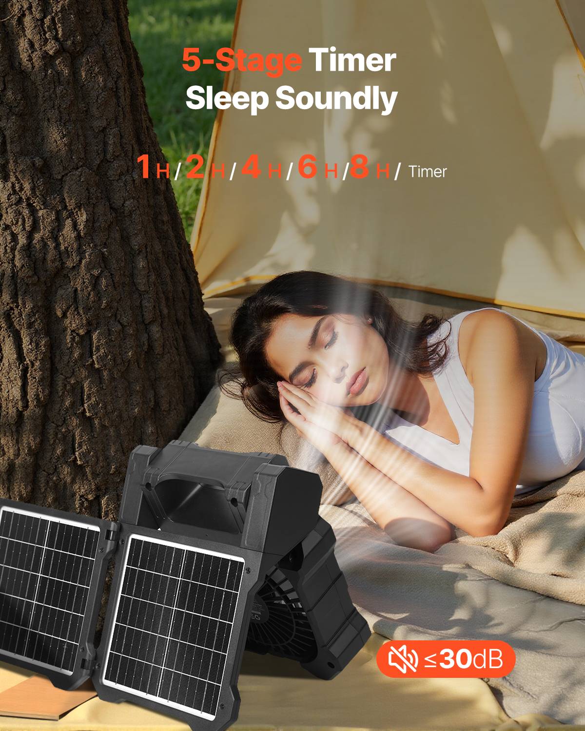 Vevor - VEVOR Ventilateur solaire rechargeable 20000mAh, 20cm. LED, 5 vitesses, minuterie. Pour camping. - Image 4