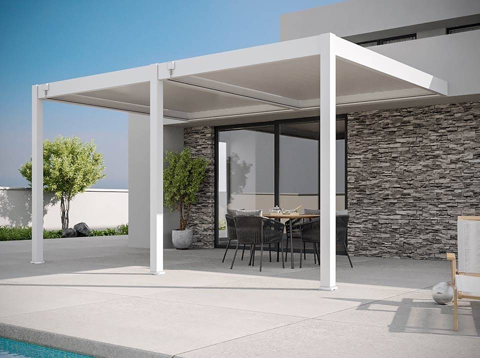 Direct Abris - Pergola Bioclimatique Aluminium Adossée 19m² - 3,6x5,3 - Store Façade Inclus  - Blanc - 34 lames en Aluminium a 120 degrés - HALO - Imagen 1