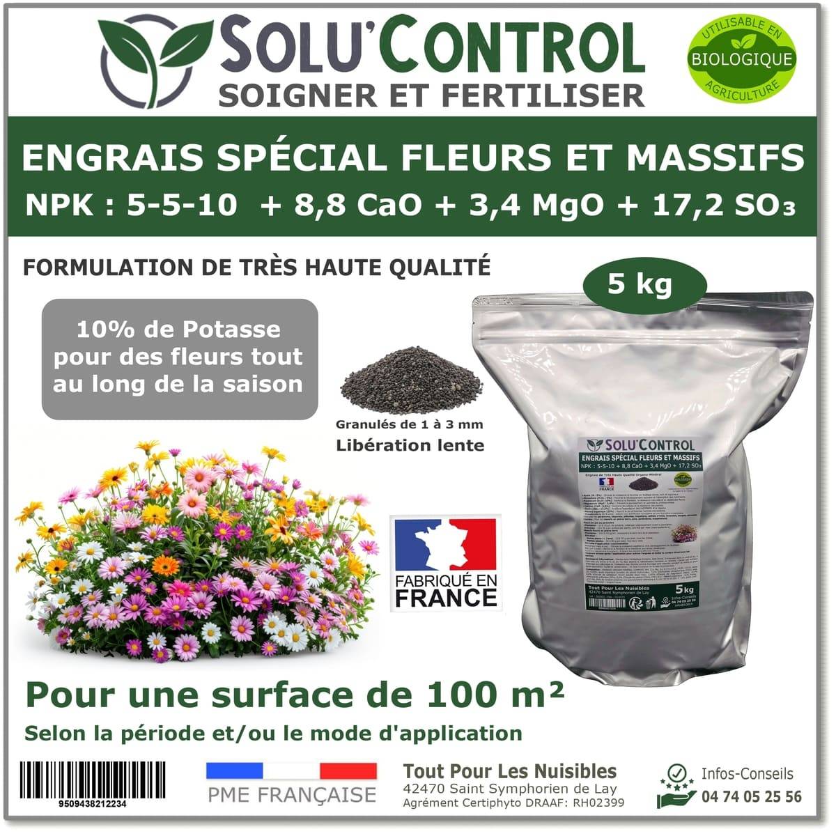 SOLU’CONTROL - 5 kg - Engrais Spécial Fleurs et Massifs NPK 5-5-10 - Favorise une floraison abondante, éclatante et durable - UAB - Image 1