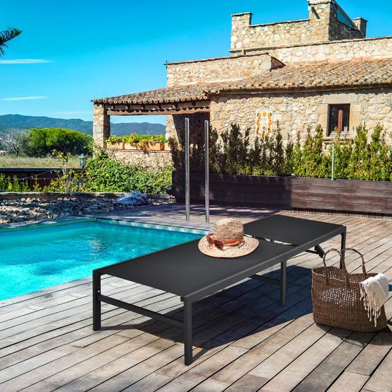 Transat Inclinable Chaise Longue de Jardin Dossier Réglable 5 Positions pour Piscine Plage Terrasse Charge 150 kg Noir - Image 2