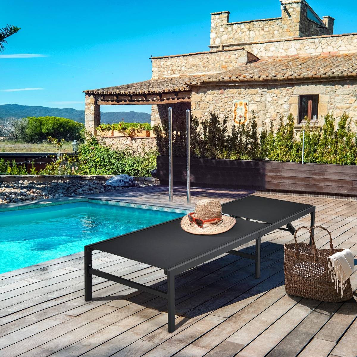 Transat Inclinable Chaise Longue de Jardin Dossier Réglable 5 Positions pour Piscine Plage Terrasse Charge 150 kg Noir - Image 4
