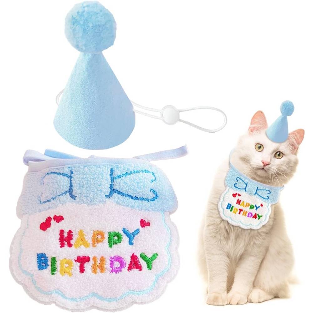 Set fête anniversaire chien/chat - Bandana + chapeau réglables - Motif "Joyeux Anniversaire" - Bleu - Living123