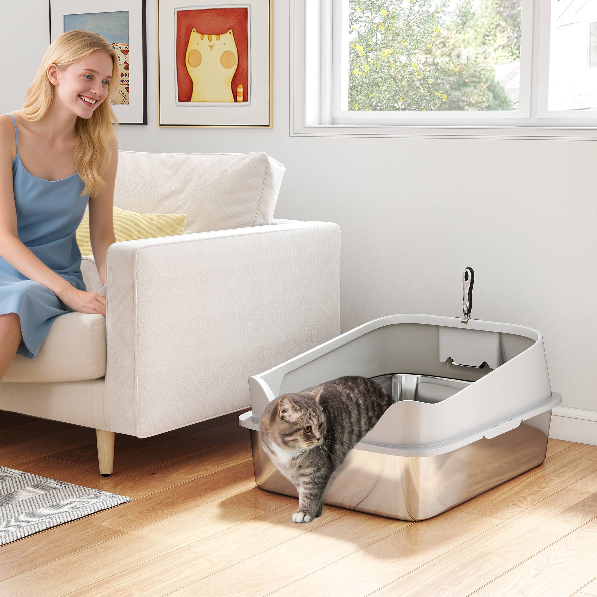Litière chat acier inoxydable XXL bord haut pelle facile nettoyer étanche 70x50x30 cm gris - Image 4