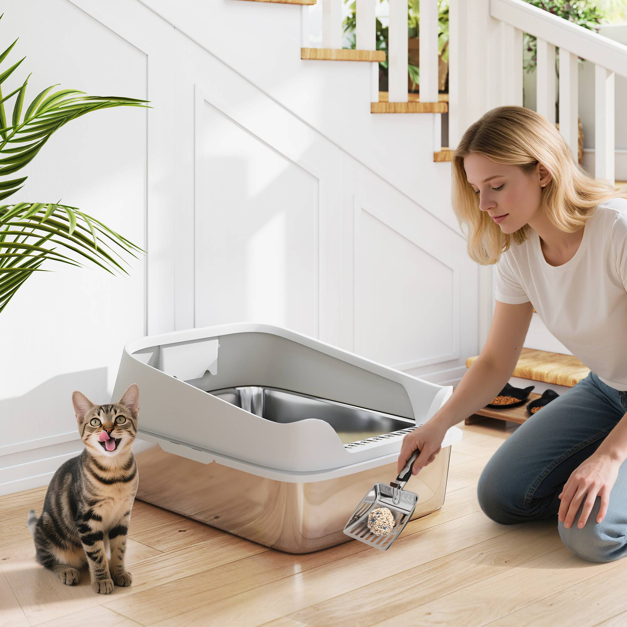 Litière chat acier inoxydable XXL bord haut pelle facile nettoyer étanche 70x50x30 cm gris - Image 3