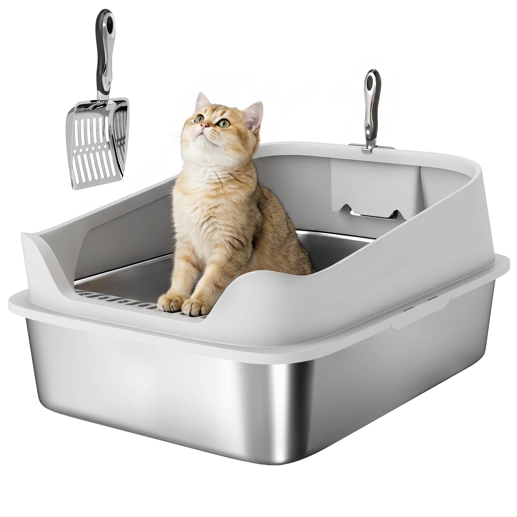 Litière chat acier inoxydable XXL bord haut pelle facile nettoyer étanche 70x50x30 cm gris - Image 1