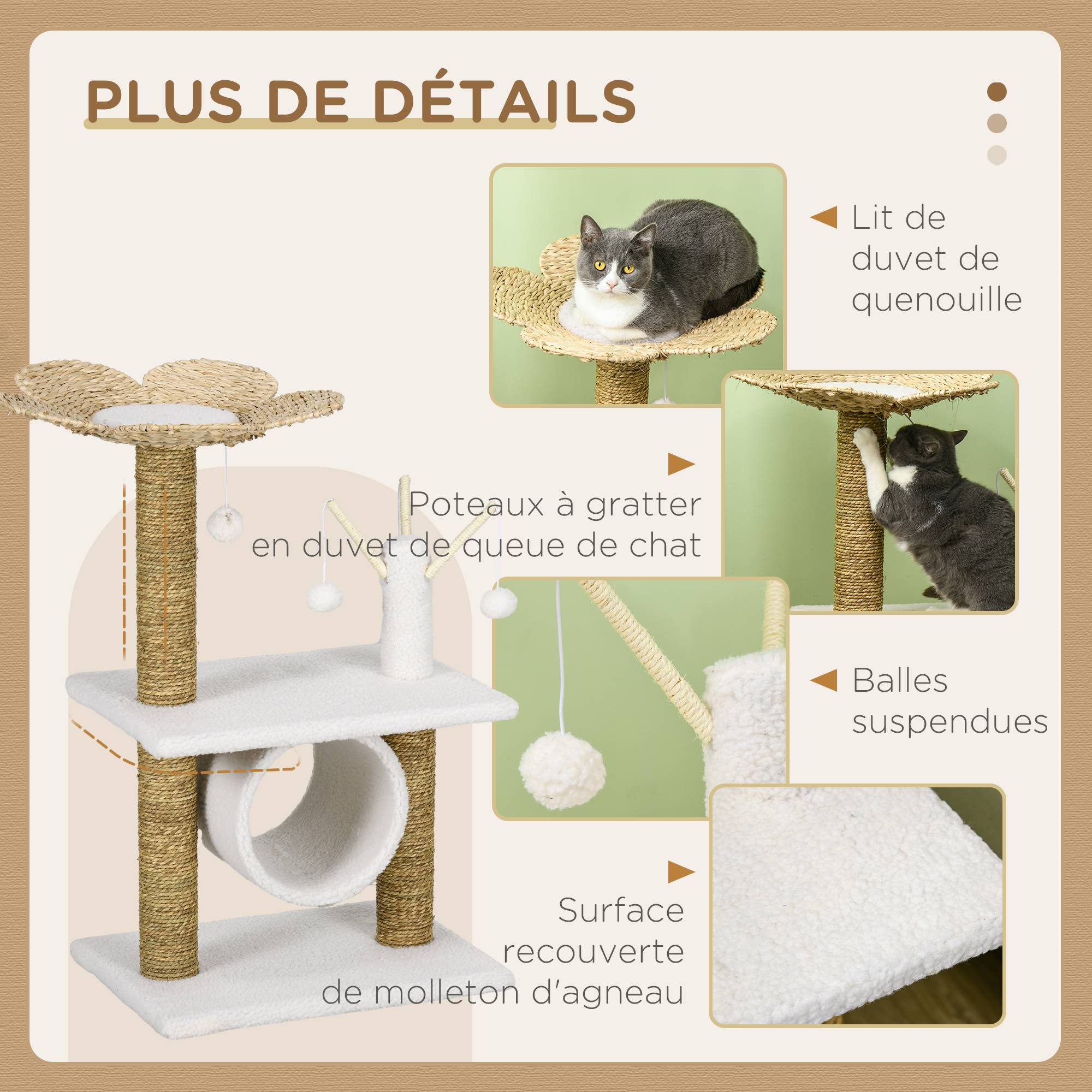 Arbre à chat sisal et peluche beige 56 x 40 x 91 cm - PANGIVO - Image 7