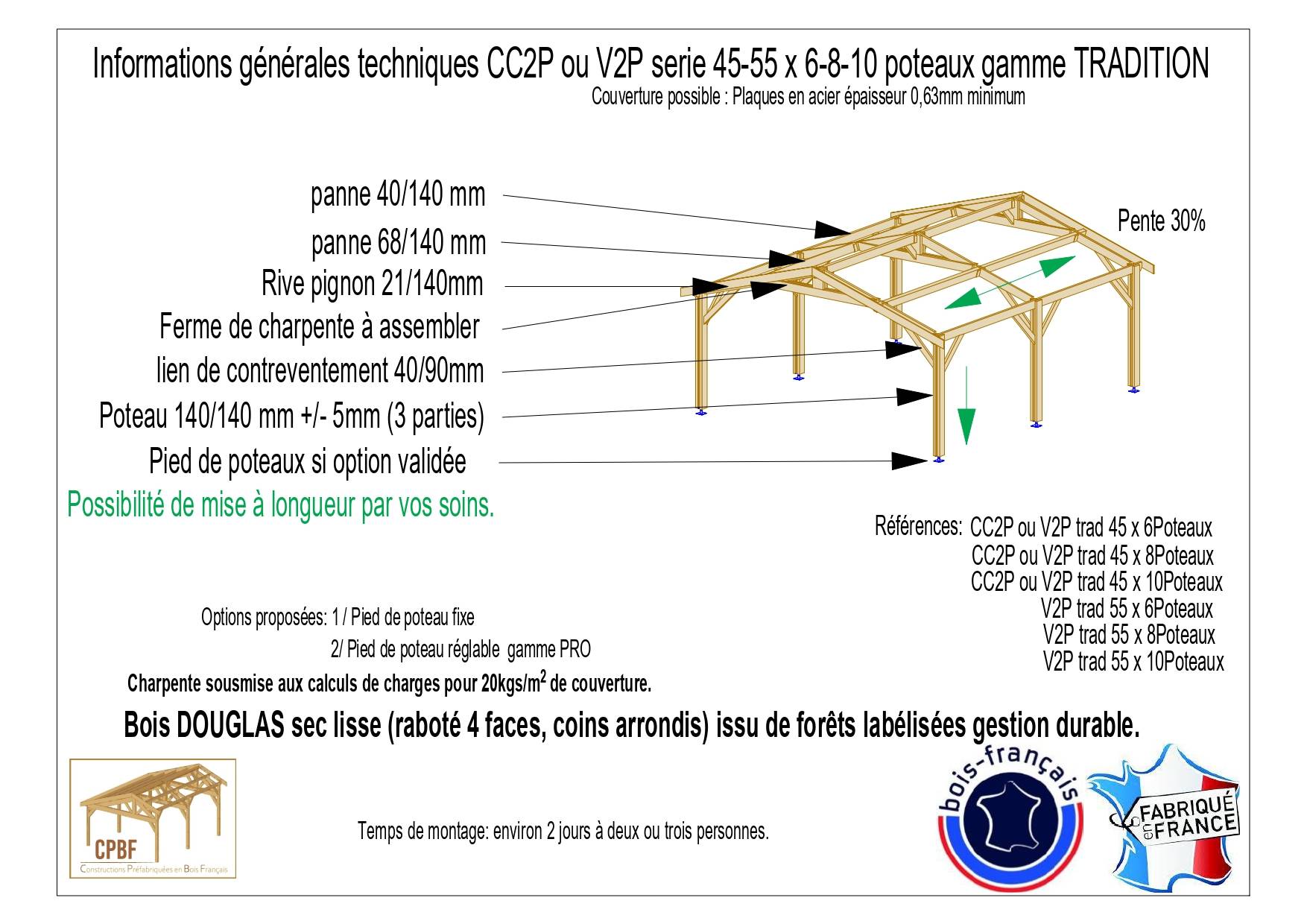 Cpbf Charpentes - Carport bois 2 pentes en bois douglas 36 m². Abri camping car extérieur. Garantie 10 ans. - Image 4