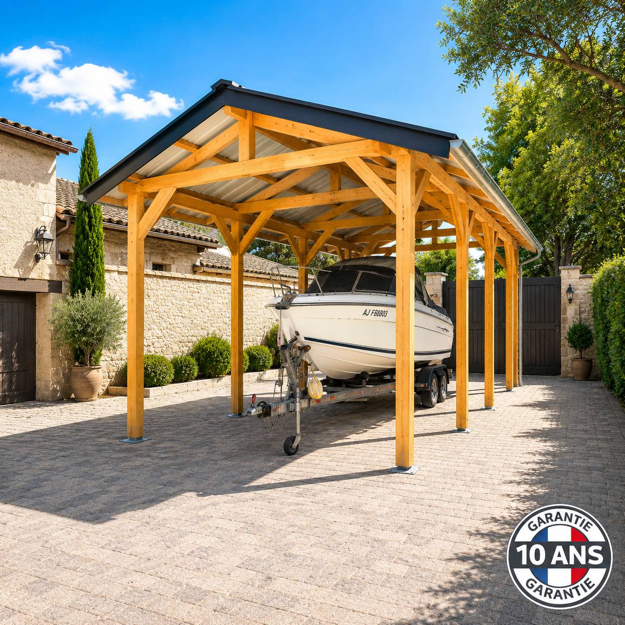 Cpbf Charpentes - Carport bois 2 pentes en bois douglas 36 m². Abri camping car extérieur. Garantie 10 ans. - Image 1