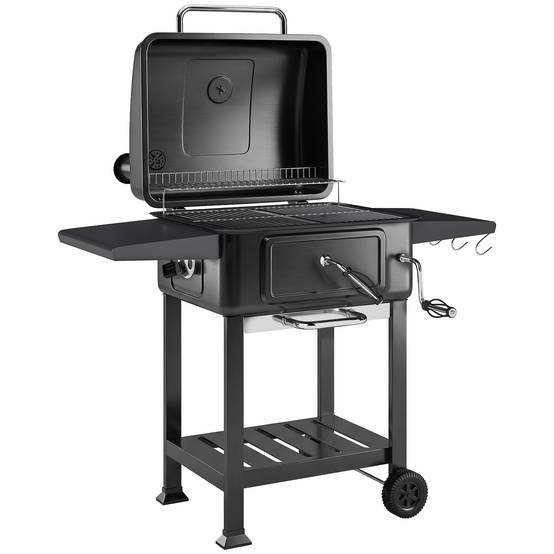 Barbecue fumoir charbon avec couvercle, thermomètre, bac charbon réglable, cheminée, grille, tablette latérale et bac à cendres - Image 2