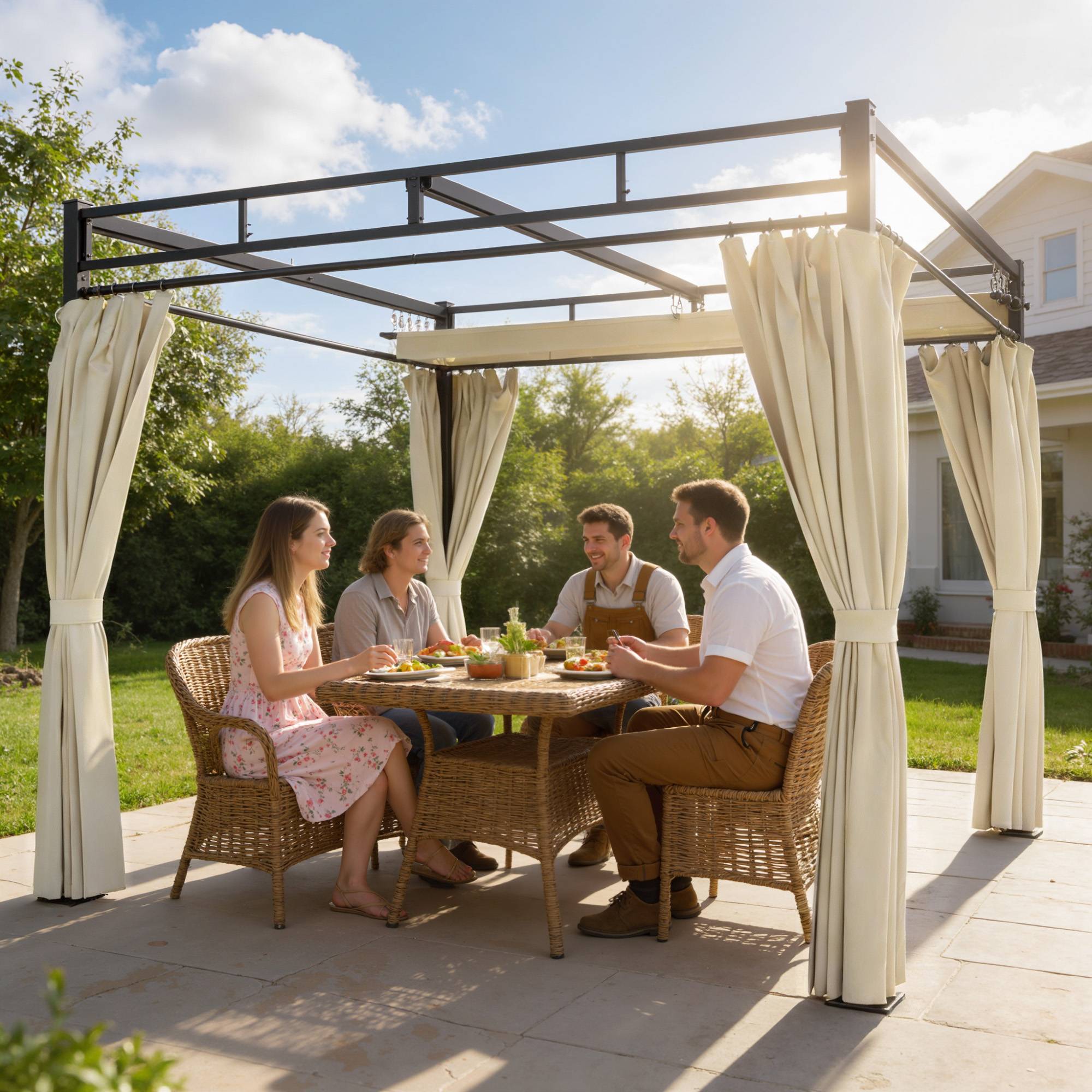 Pergola de Jardin 3x3m Acier avec Toit Rétractable et Rideaux Protection UV30+ Beige - ComfortXL Outdoor Living - Image 3