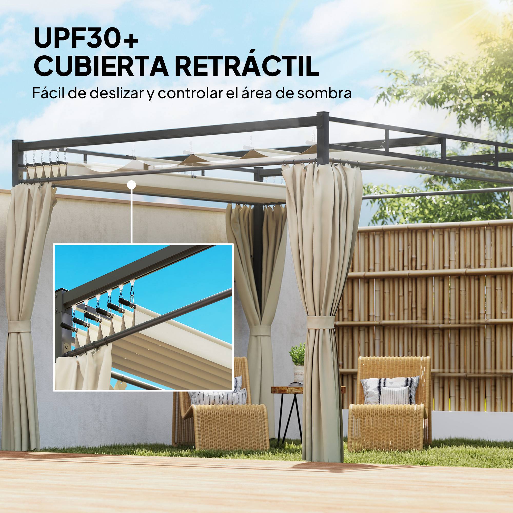Pergola de Jardin 3x3m Acier avec Toit Rétractable et Rideaux Protection UV30+ Beige - ComfortXL Outdoor Living - Image 6