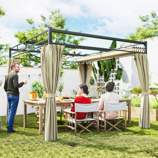 Pergola de Jardin 3x3m Acier avec Toit Rétractable et Rideaux Protection UV30+ Beige - ComfortXL Outdoor Living - Image 4