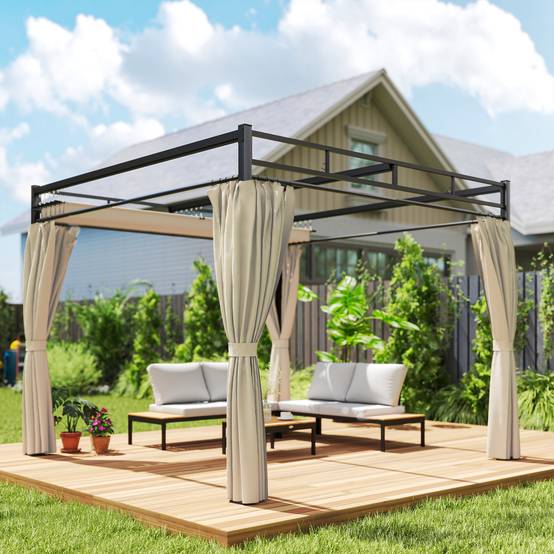 Pergola de Jardin 3x3m Acier avec Toit Rétractable et Rideaux Protection UV30+ Beige - ComfortXL Outdoor Living - Image 10