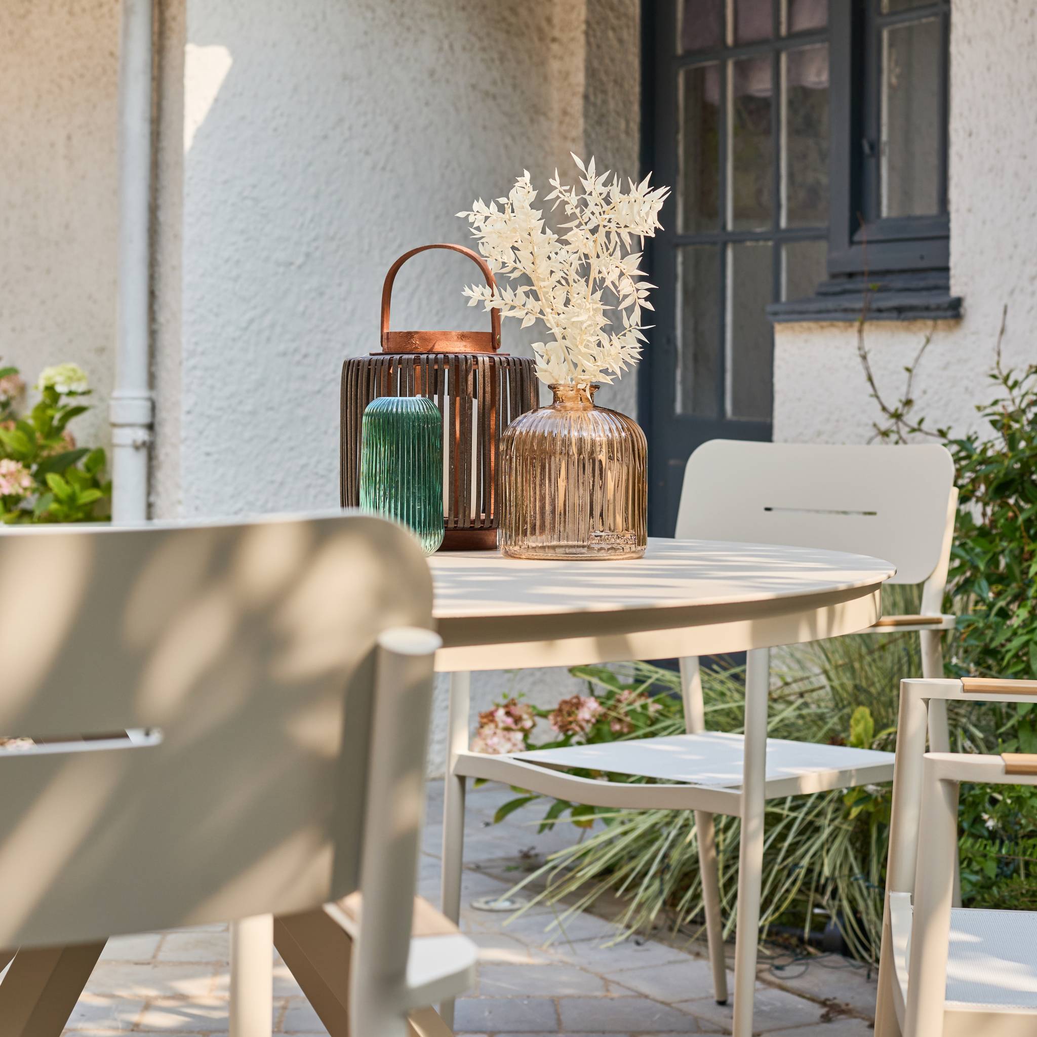 Table de jardin ronde aluminium et verre + 6 assises beige - Orbis ...