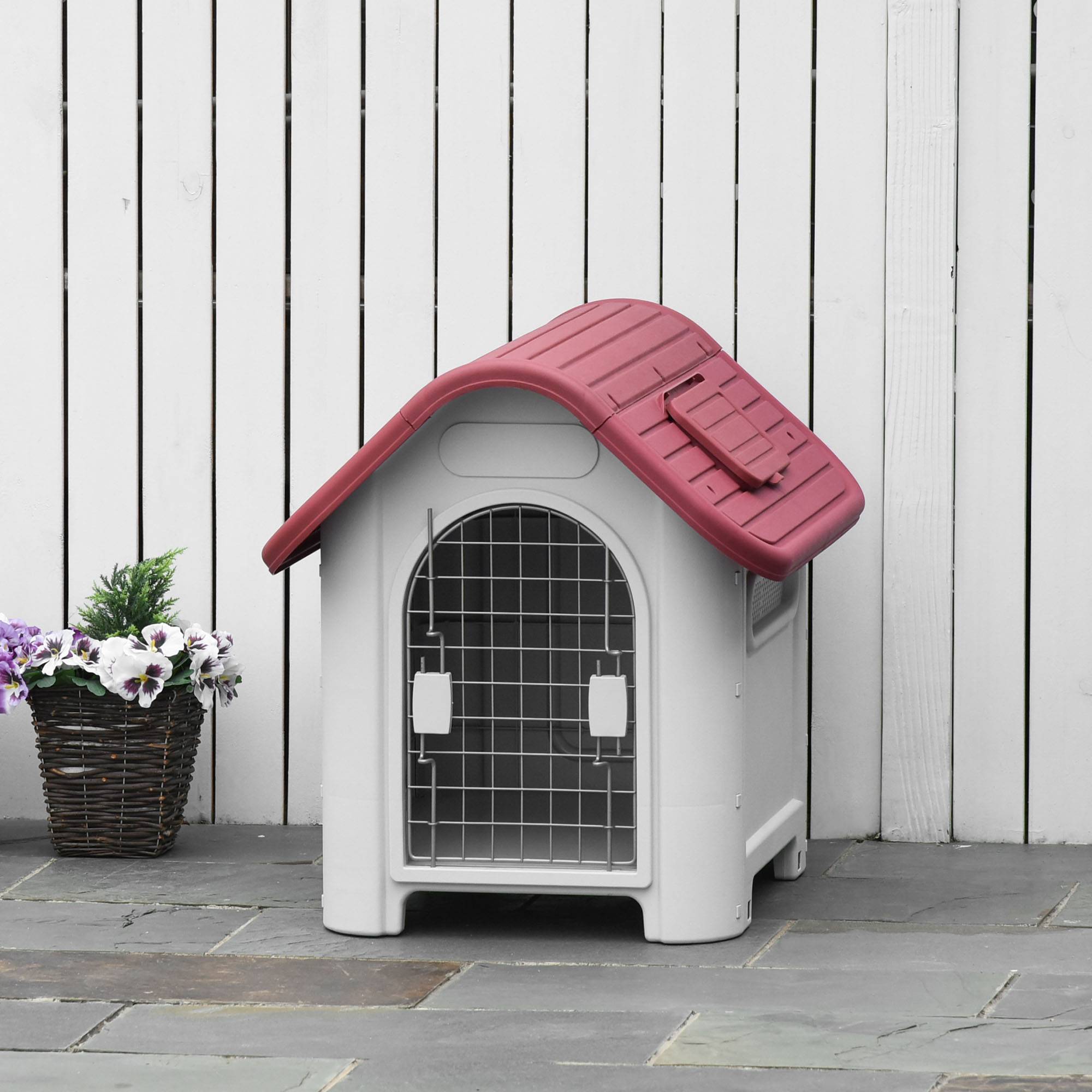 Nic extérieur pour chien avec lucarne et porte, étanche, circulation d’air, petits chiens, 59×75×66 cm, Rouge+Gris clair - Image 3
