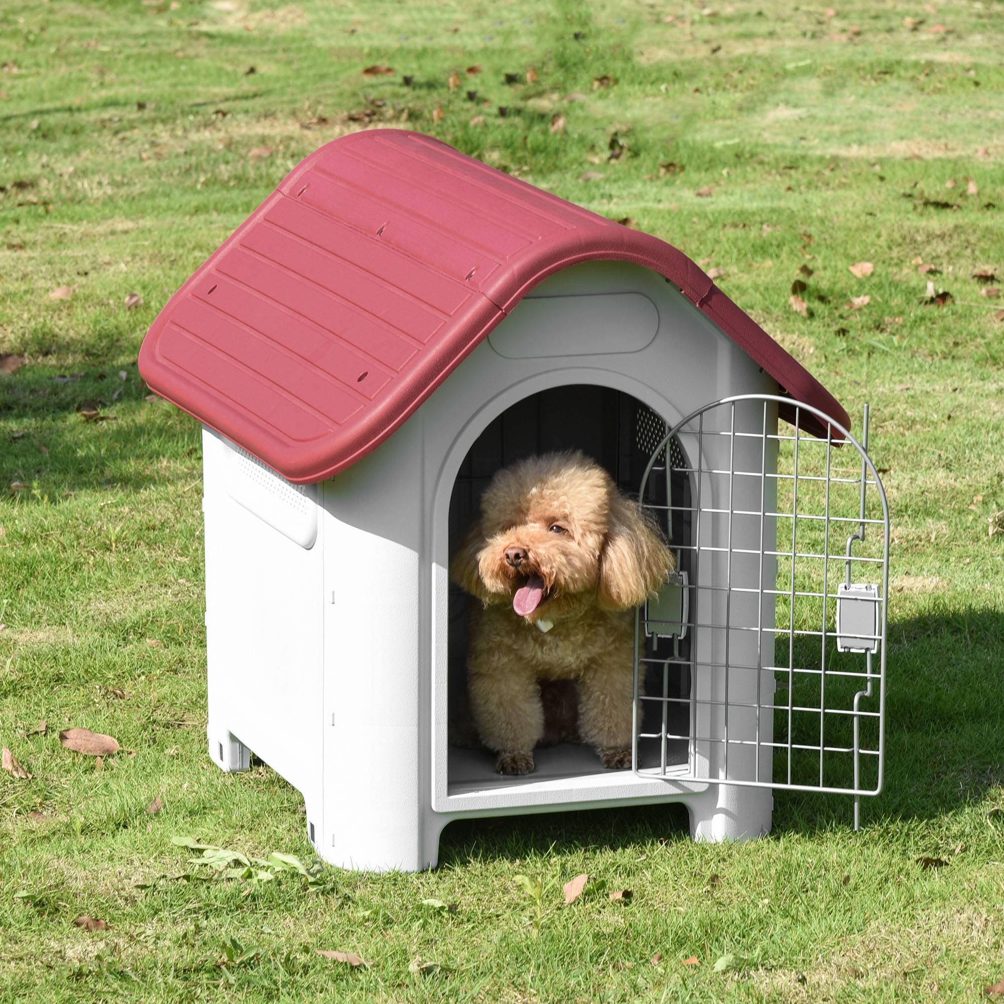 Nic extérieur pour chien avec lucarne et porte, étanche, circulation d’air, petits chiens, 59×75×66 cm, Rouge+Gris clair - Image 4