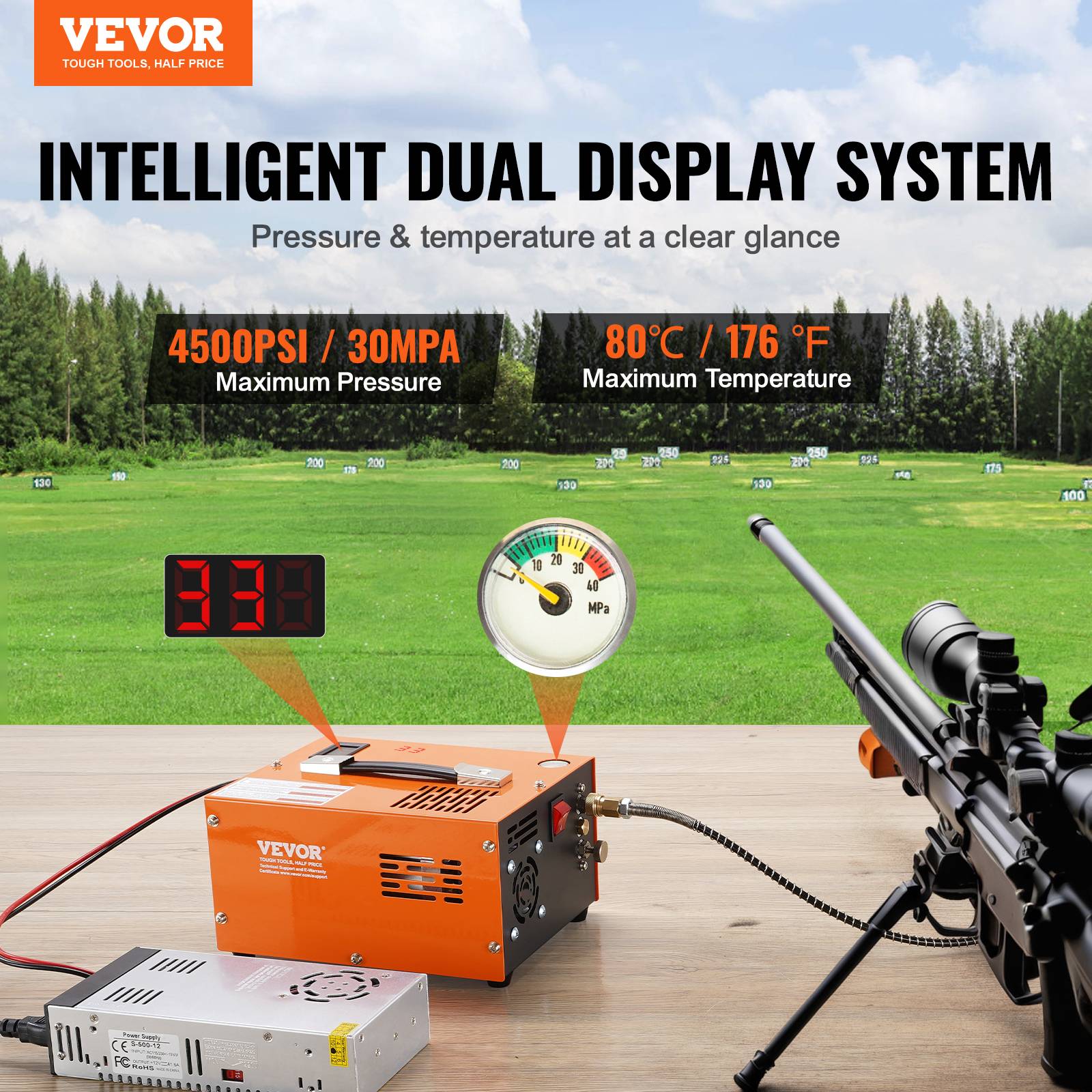 VEVOR Compresseur PCP portable 30 MPa avec convertisseur externe, arrêt manuel 12V/230V, sans huile/eau. - Image 2