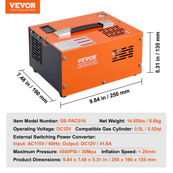VEVOR Compresseur PCP portable 30 MPa avec convertisseur externe, arrêt manuel 12V/230V, sans huile/eau. - Image 7