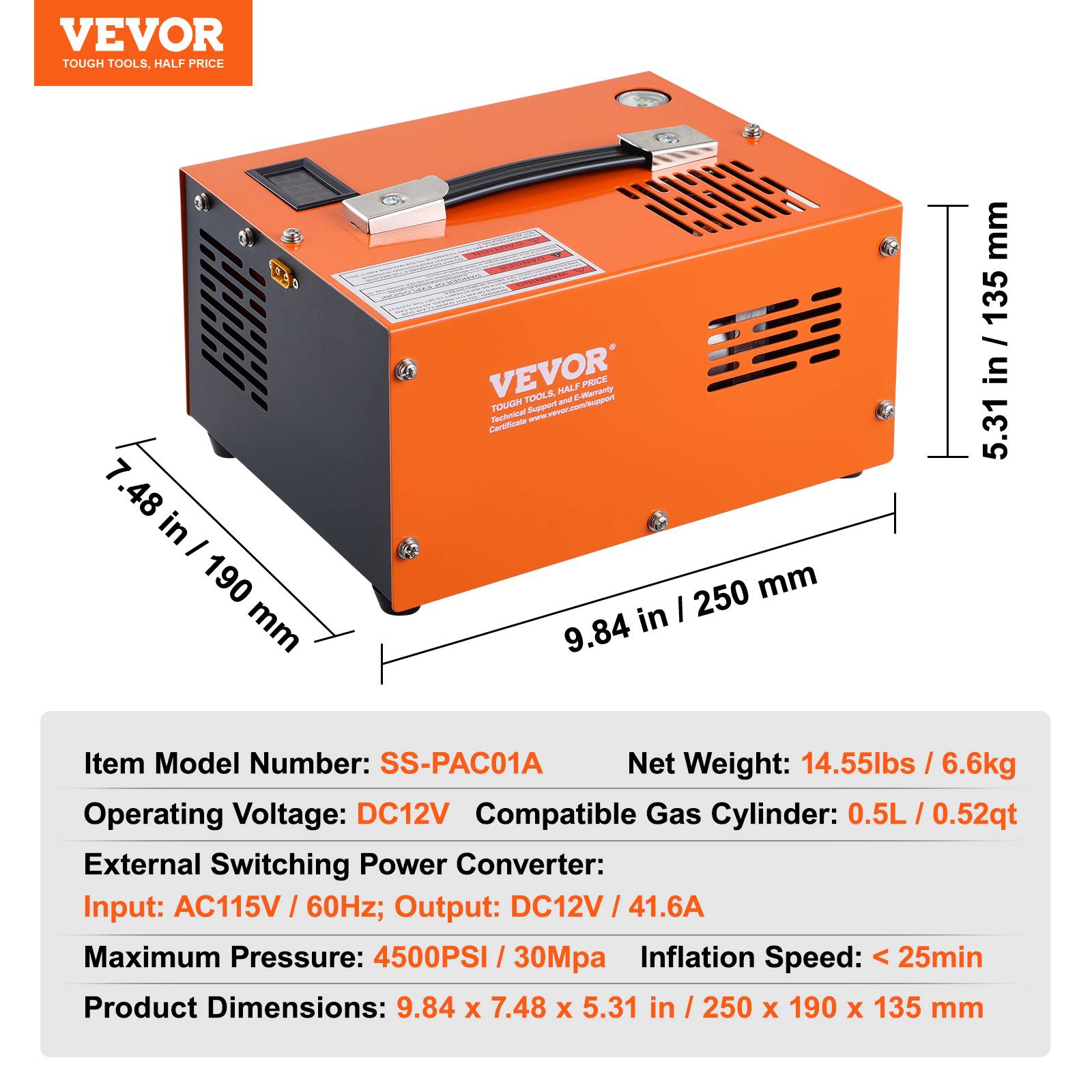 VEVOR Compresseur PCP portable 30 MPa avec convertisseur externe, arrêt manuel 12V/230V, sans huile/eau. - Image 7