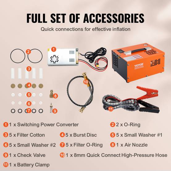 VEVOR Compresseur PCP portable 30 MPa avec convertisseur externe, arrêt manuel 12V/230V, sans huile/eau. - Image 6