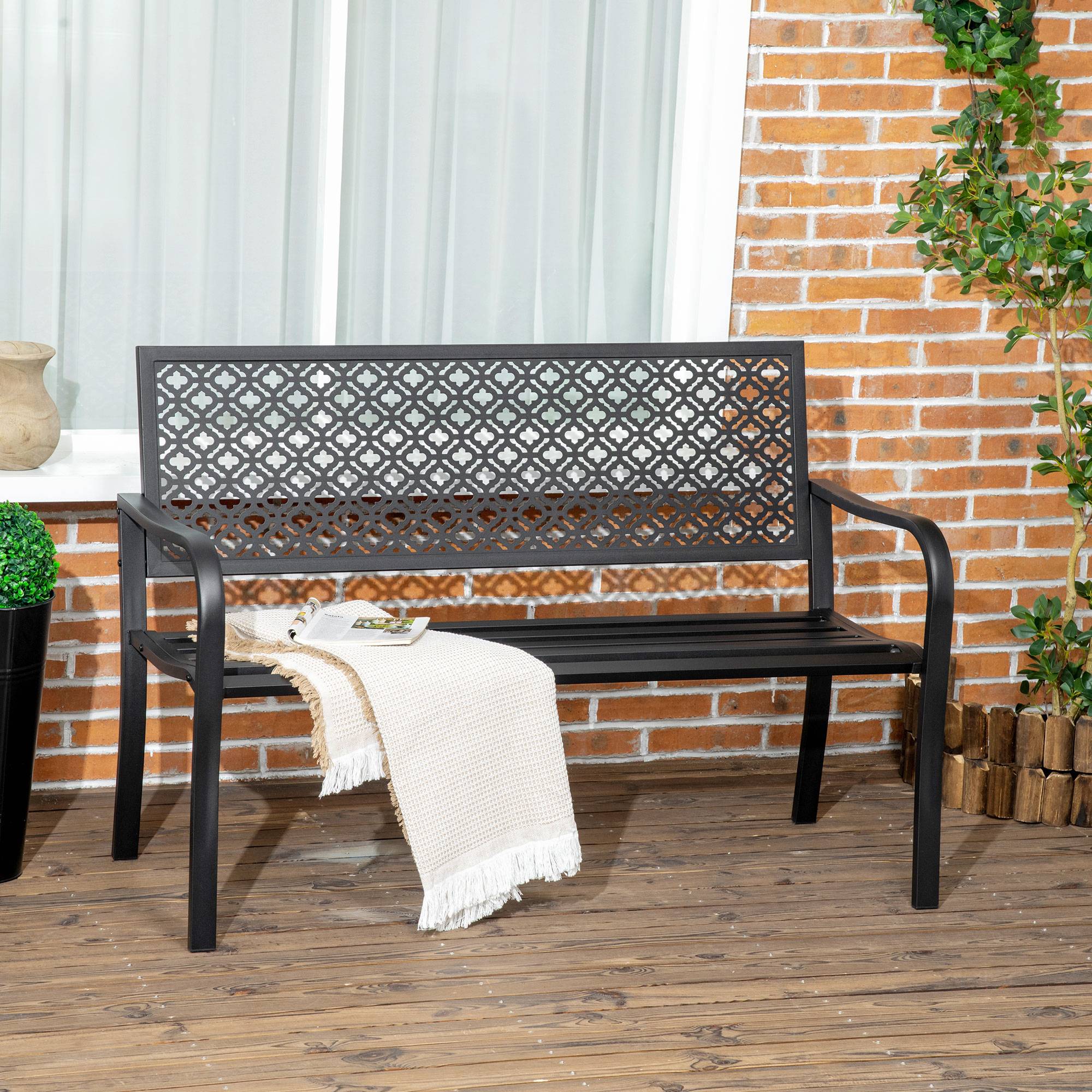 ComfortXL - Banc de jardin acier fonte patio Dossier treillis élégant 2 places 127x63x83cm noir - ComfortXL Outdoor Living - Image 3