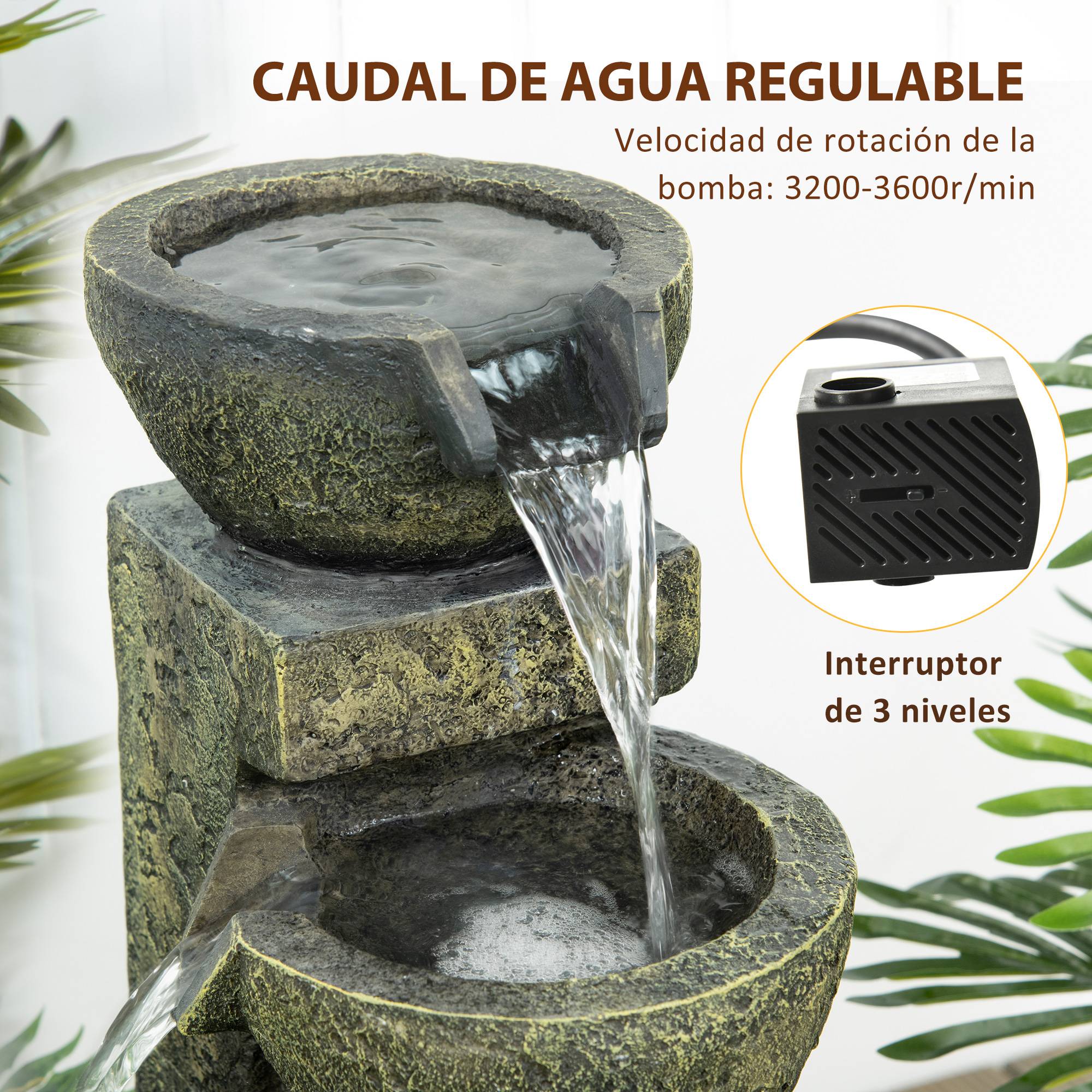 Fontaine d'eau cascade résine jardin balcon débit réglable 25x24x60cm multicolore - ComfortXL Outdoor Living - Image 7