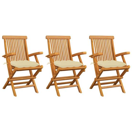 Lot de 3 Chaises de jardin et coussins - Chaises d'extérieur - Fauteuils de jardin blanc crème Teck massif - Image 2