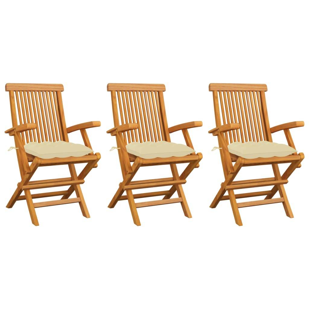 Lot de 3 Chaises de jardin et coussins - Chaises d'extérieur - Fauteuils de jardin blanc crème Teck massif - Image 2