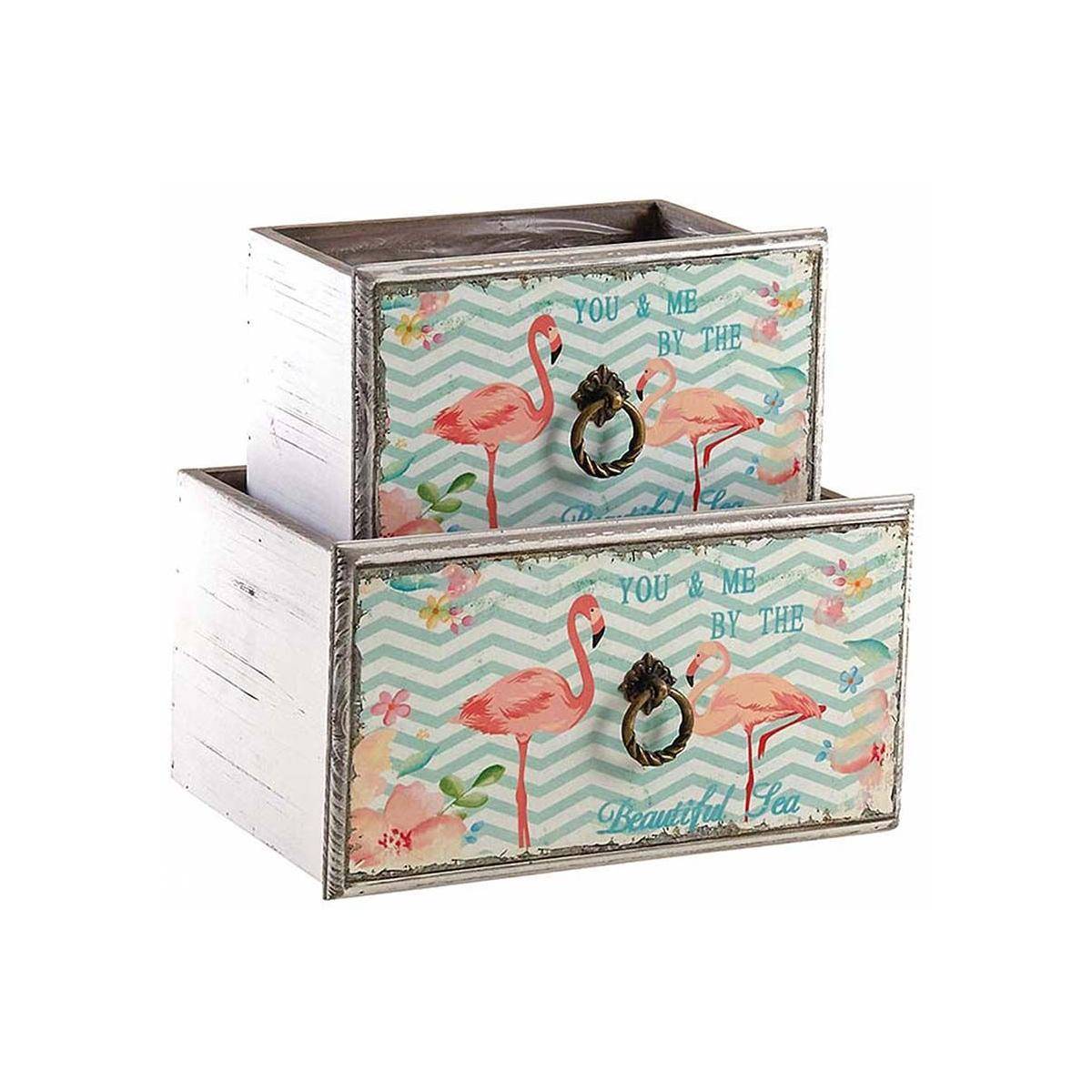 Aubry Gaspard - Corbeille tiroir en bois flamants roses (Lot de 2)