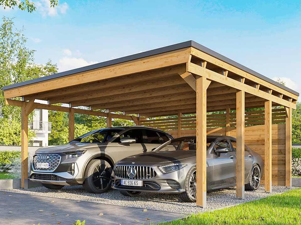 Direct Abris - Carport Bois CASTELLANE 558X555 Panneau de Fond Intégré - Toiture en Bois + Feutre Bitumeux - Abri 2 Voiture - Imagen 1